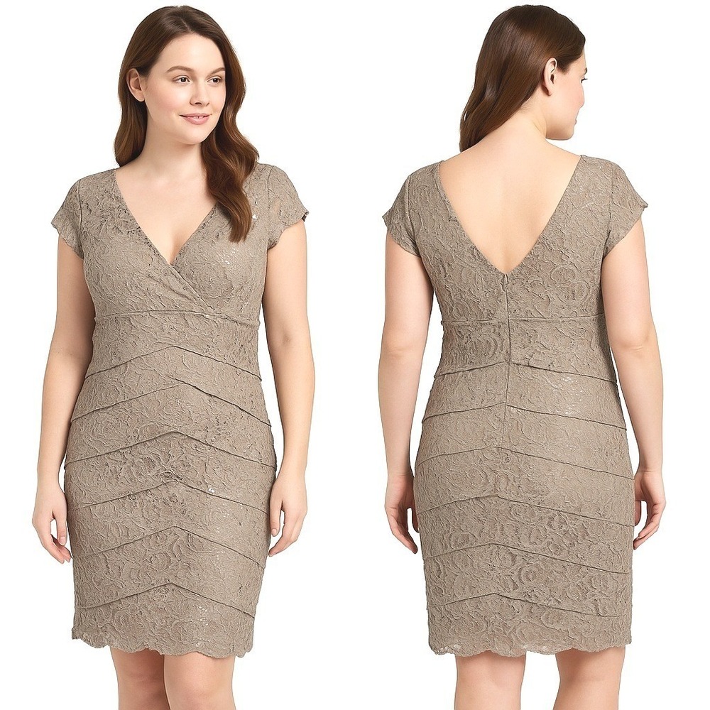 Scarlett Nite Lace Sequin Sheath Dress Women 4P Taupe‎ Tiered V-Neck Cap Sleeve